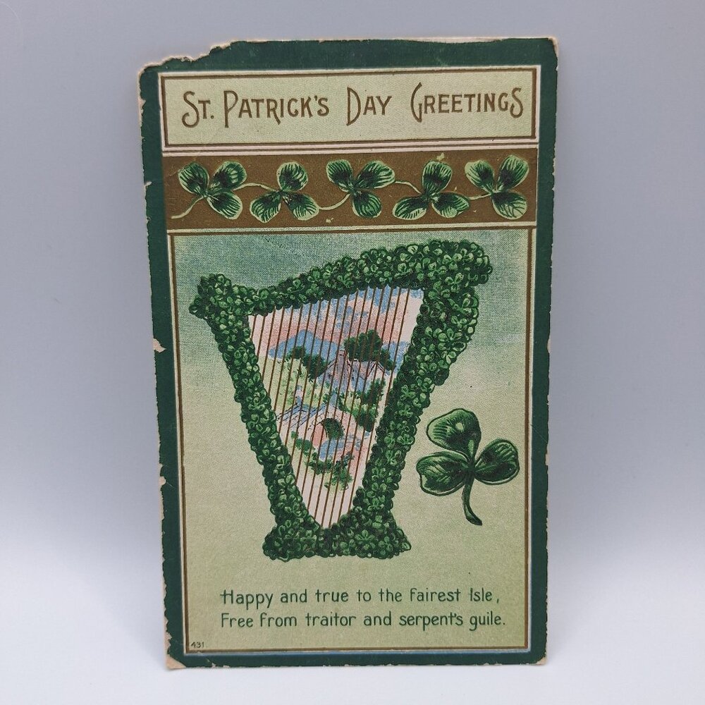 Antique St Patricks Day Postcard Shamrock Harp Scene Mailed 1910 Collectible